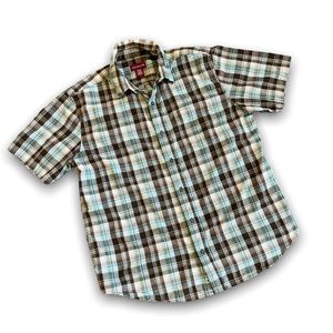 Green and Brown Short Sleeve Plaid Button Up Shirt